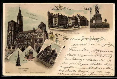 Lithographie Strassburg /E., Das Münster, Seitenansicht, Gutenbergplatz, St. Peter