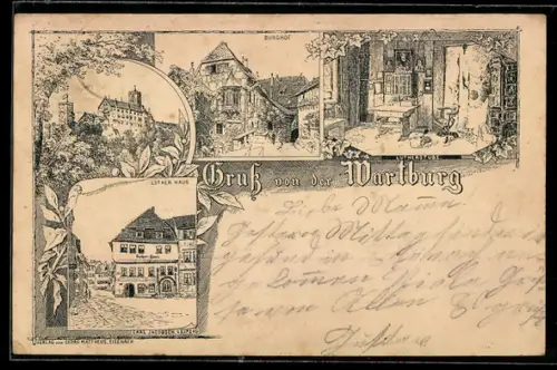Lithographie Ganzsache PP9 F101 /03: Wartburg, Gesamtansicht, Burghof und Lutherstube