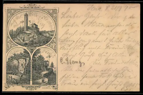 Vorläufer-Lithographie Ganzsache PP9 F301 /06: Jena, 1890, Fuchsturm und Marien-Sennhütte