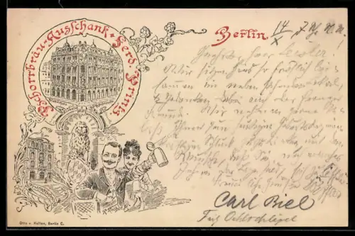 Vorläufer-Lithographie Berlin, 1893, Pschorrbräu-Ausschank Ferd. Prinz, Friedrichstrasse Ecke Behrenstrasse, Ganzsache