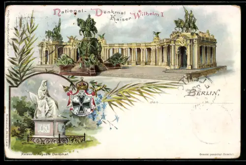 Lithographie Berlin, National-Denkmal Kaiser Wilhelm I. Kaiserin Auguste Denkmal, Ganzsache