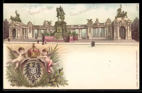 Lithographie Berlin, National-Denkmal Kaiser Wilhelm I., Wappen mit Engeln, Ganzsache