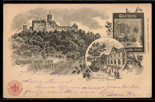 Lithographie Ganzsache PP9 F101 /03: Eisenach, Wartburg mit Luther-Stube, Hotel-Restaurant auf der Wartburg