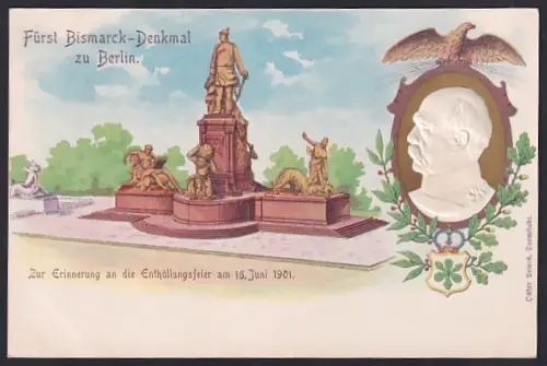 Lithographie Berlin-Tiergarten, Fürst Bismarck-Denkmal, Enthüllungsfeier 1901, Ganzsache