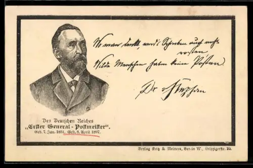 AK Dr. Heinrich von Stephan, Erster General-Postmeister des Deutschen Reiches, 1831-1897, Ganzsache