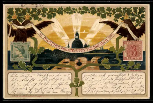 Lithographie Dresden, 11. Deutscher Philatelistentag 1899, Adler mit Kronen, Briefmarken, Ganzsache