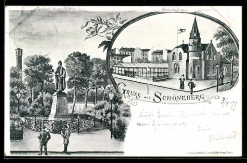Lithographie Ganzsache PP9 F88: Berlin-Schöeneberg, Bahnhof mit Passanten, Denkmal Kaiser Wilhelm I.