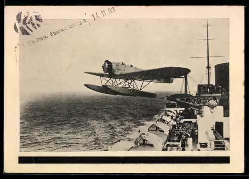 AK Ganzsache PP93 C1 /02: Hamburg, Luftpost-Ausstellung Mophila 1931, Katapultflug-Start vom Schnelldampfer Europa