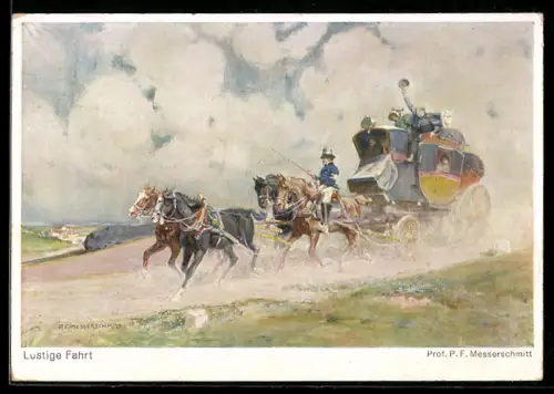 Künstler-AK Lustige Fahrt, Postkutsche in schneller Fahrt, Ganzsache