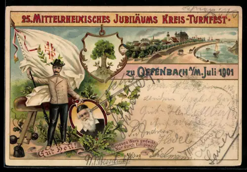 Lithographie Ganzsache PP15 C30: Offenbach /Main, 25. Mittelrheinisches Jubiläums Kreis-Turnfest 1901, Turnvater Jahn