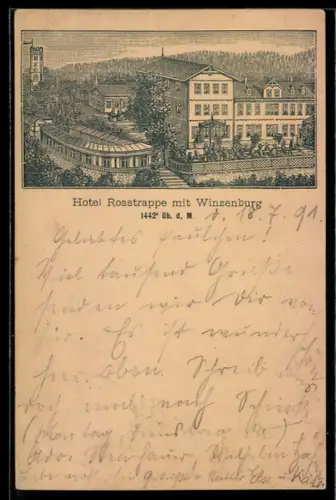 Vorläufer-Lithographie Hotel Rosstrappe mit Winzenburg, 1891, Ganzsache