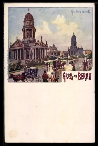 Lithographie Ganzsache PP11 F2 /013: Berlin, Gendarmenmarkt mit Pferdewägen im Regen