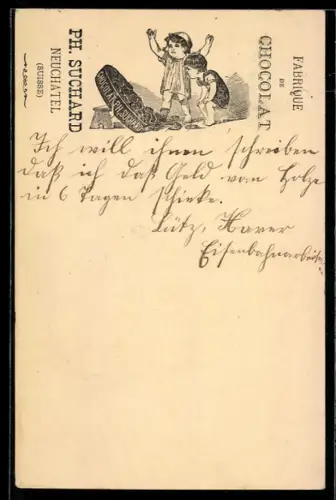 Vorläufer-Lithographie Neuchatel, 1893, Reklame Chocolat Ph. Suchard, Kinder mit einer Box Schokolade, Ganzsache