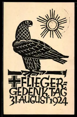 Künstler-AK 2. Deutscher Fliegergedenktag am 31.8.1924, Ring der Flieger, Vogel vor der Sonne, Ganzsache