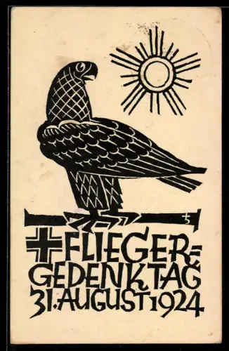 Künstler-AK 2. Deutscher Fliegergedenktag am 31.8.1924 Ring der Flieger, Adler vor der Sonne, Ganzsache