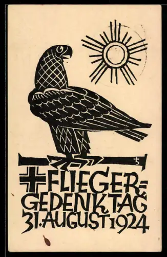 Künstler-AK 2. Deutscher Fliegergedenktag am 31.8.1924, Ring der Flieger, Vogel vor der Sonne, Ganzsache