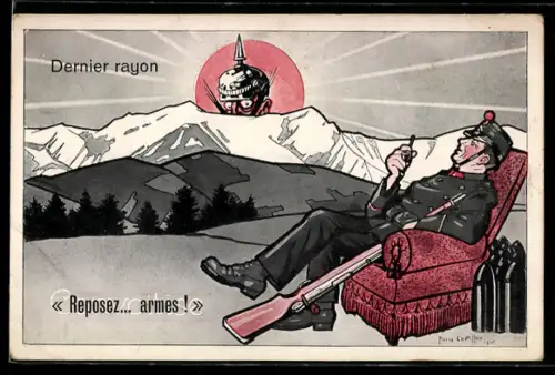AK Convoitise, schweizer Soldat mit Pfeife & Gewehr, Kaiser Wilhelm II. schaut hinter Berg hevor