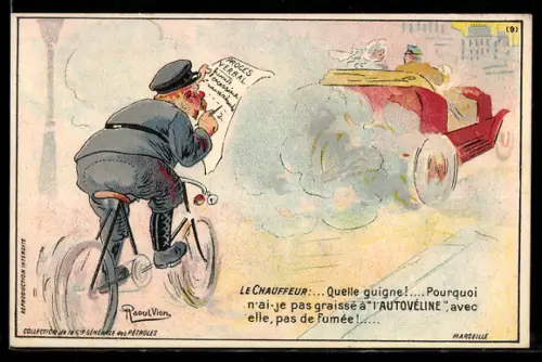 Künstler-AK Radfahrer in den Abgasen eines Autos