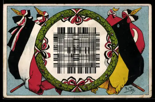 AK Neueste Überraschungskarte, türkische Fahne, österreichische Fahne, Wort-Rätsel, Eichenkranz