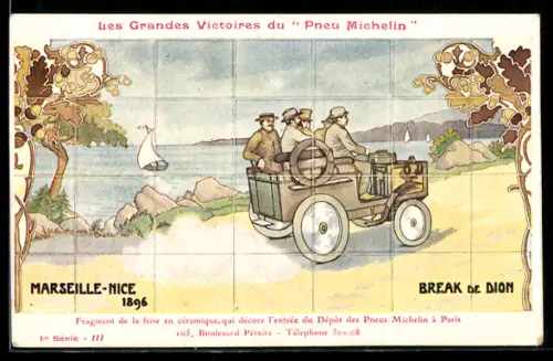 Künstler-AK Autorennen Marseille-Nice 1896, Break de Dion