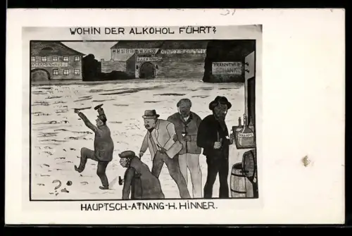 AK Betrunkene am Ausschank mit Blick aufs Armenhaus und Irrenhaus