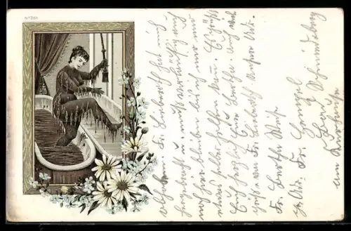 Lithographie Dame steigt nackt aus dem Moorbad