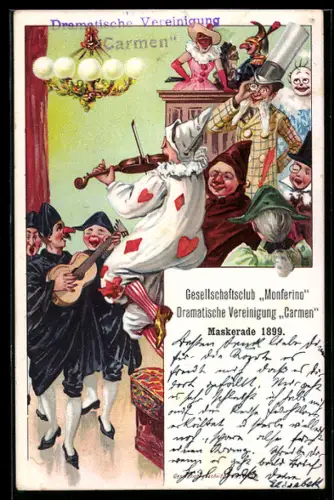 Lithographie Lustige Faschingsgesellschaft musiziert mit Geige und Gitarre