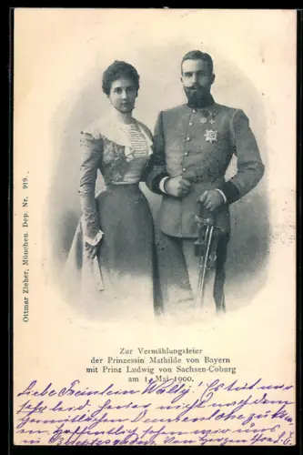 AK Portrait Prinzessin Mathilde von Bayern & Prinz Ludwig von Sachsen-Coburg