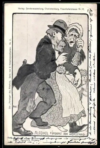 Künstler-AK Älteres Paar und weinendes Kind, Alcohol fördert den Wohlstand