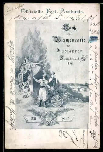 Künstler-AK Frankfurt, Blumencorso der Radfahrer 1898, Radfahrer und Siegesgöttin