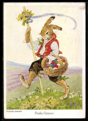 Künstler-AK Franziska Schenkel: Osterhase mit einem Korb voller Ostereier