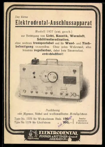 AK Dresden, Reklame für den Elektrodental-Anschlussapparat von Fischer & Rittner 1927