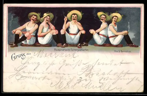 Lithographie Humoristische Turnerpostkarte, die 5 Barrisöhne