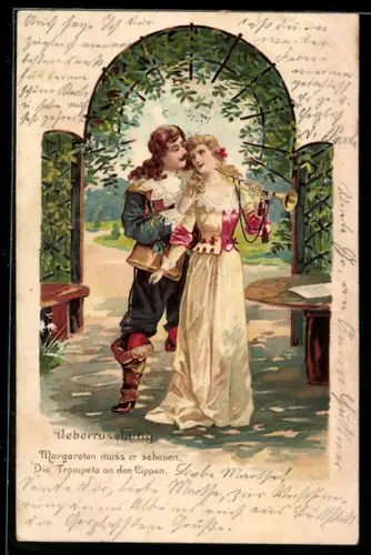 Lithographie Ueberraschung, Maragreten muss er schauen, Trompeter von Säckingen, Behüt Dich Gott!