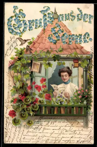 AK Dame am Fenster liest einen Brief