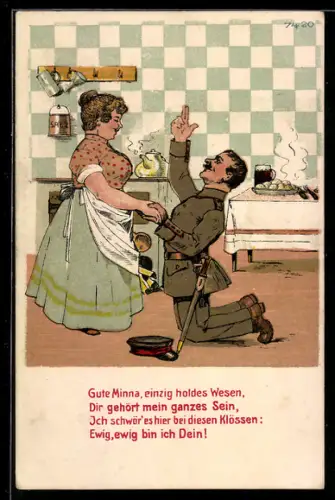 Künstler-AK Bruno Bürger & Ottillie Nr. 7420: Soldat in Uniform schwört seiner Geliebten die Treue