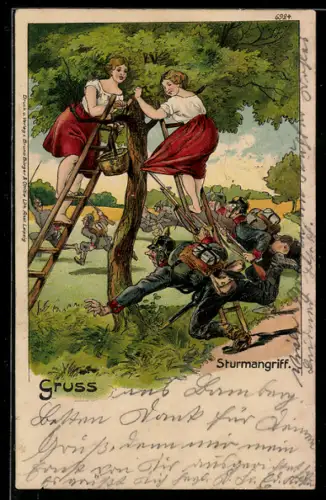 Künstler-AK Bruno Bürger & Ottillie Nr. 6924: Sturmangriff, Soldaten u. Mädchen auf einer Leiter, Karikatur
