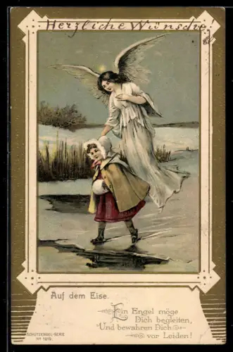 AK Auf dem Eise, Schutzengel wacht über einem Mädchen auf Schlittschuhen