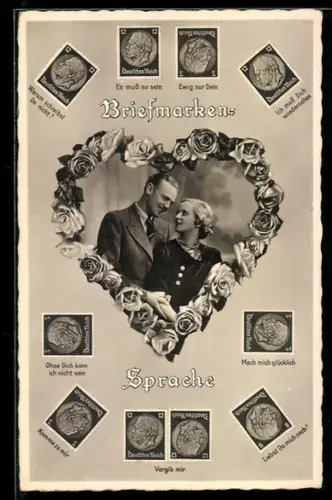 AK Rosenherz mit Liebespaar umgeben von Briefmarken