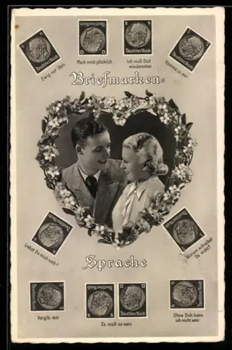 AK Briefmarkensprache, Paar im Blumenherz, Mach mich glücklich, Liebst du mich noch?, weitere Sätze