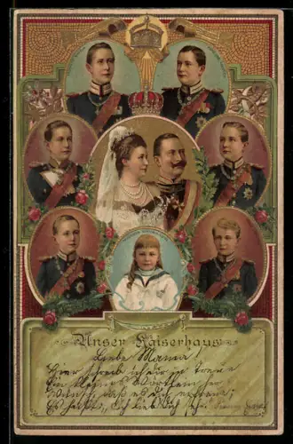 AK Kaiserpaar und Nachkommen, Prinzessin Viktoria Luise & die Prinzen als Kinder