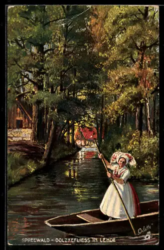 Künstler-AK Lehde / Spreewald, Dolzkefliess, Tracht, Spreewaldkahnfl