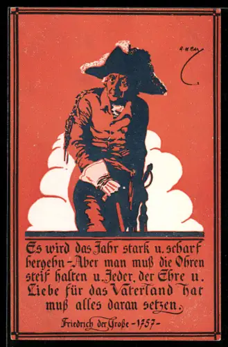 Künstler-AK König Friedrich II. (der Grosse), Zitat Ehre und Liebe für das Vaterland