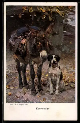Künstler-AK Kameraden, Esel mit einem Hund, Tierfreundschaft