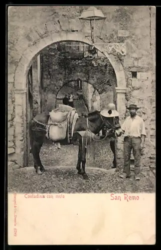 AK San Remo, Bauer mit seinem Maultier vor einem Tor