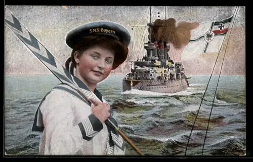 Künstler-AK Matrosin von SMS Bayern mit Ruder und Kriegsschiff