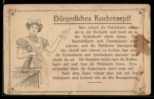 AK Bürgerliches Kochrezept, Dienstmädchen in Dienstkleidung, Kriegsnot