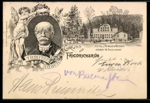 Lithographie Friedrichsruh, Hotel und Pension Werner, Inhaber W. Engelhardt, Portrait Fürst Otto von Bismarck