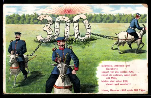 AK Reservesoldaten auf Ziegen ziehen 100er-Zahl hinter sich her