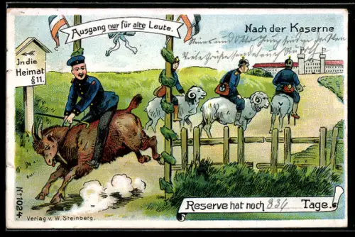 AK Reserve hat noch 200 Tage, Reservisten reiten auf Schafen und Ziegen